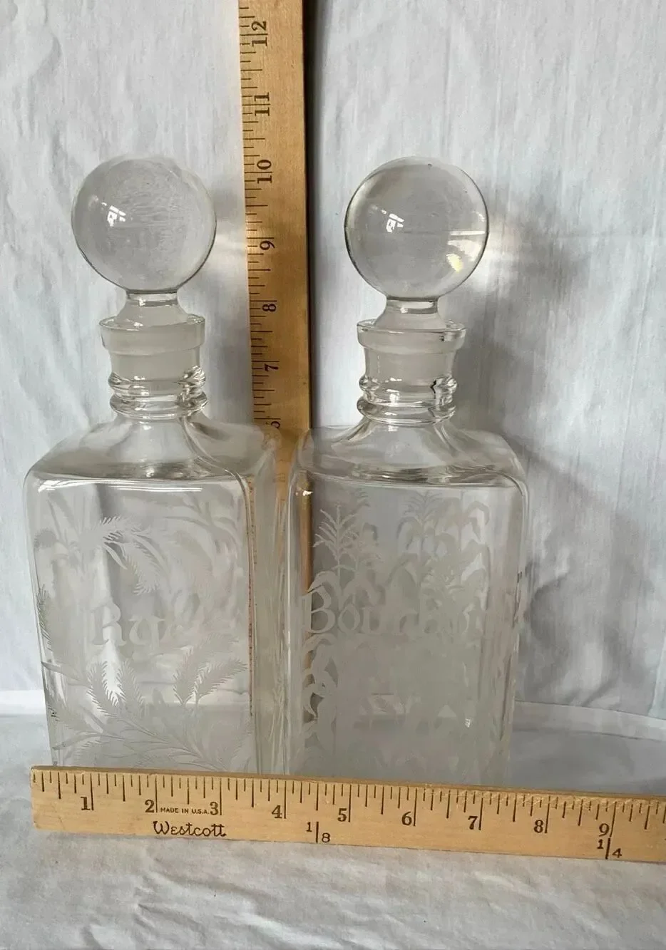 2 Vintage Etched Glass Decanters Thistle Rye Bourbon Bar BOTTLES STOPPERS SET